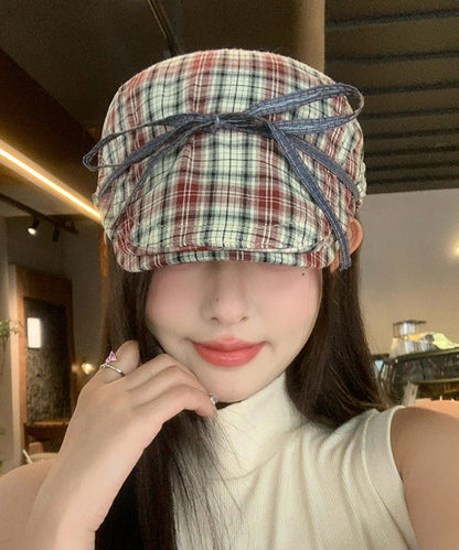 British Style Bow Red Plaid Versatile Breton Hat