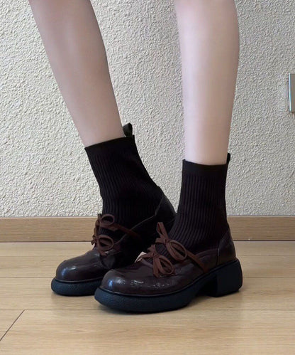 Brown Ankle Boots Faux Leather Stylish Splicing Boots
