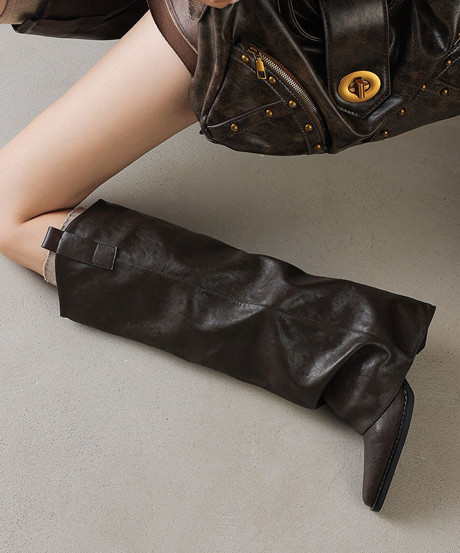 Brown Boots Chunky Faux Leather Elegant Pointed Toe Boots
