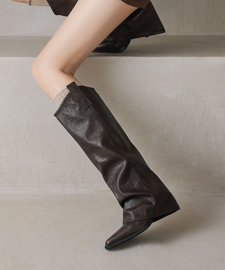 Brown Boots Chunky Faux Leather Elegant Pointed Toe Boots