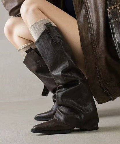 Brown Boots Chunky Faux Leather Elegant Pointed Toe Boots