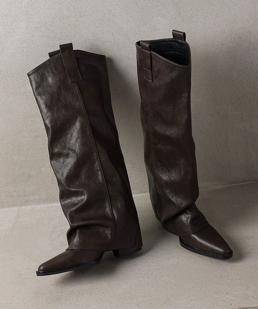 Brown Boots Chunky Faux Leather Elegant Pointed Toe Boots