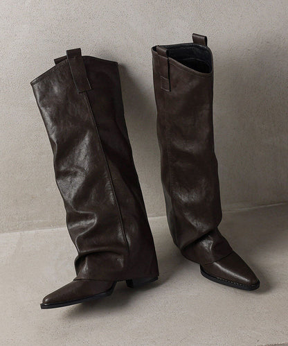 Brown Boots Chunky Faux Leather Elegant Pointed Toe Boots