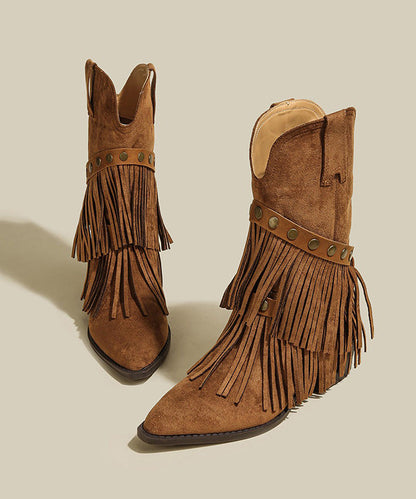 Brown Boots Chunky Suede Comfy Splicing Tassel Pointed Toe