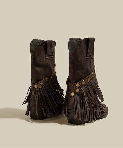 Brown Boots Chunky Suede Comfy Splicing Tassel Pointed Toe