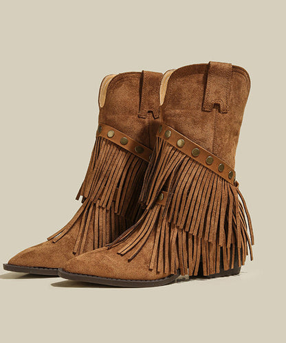 Brown Boots Chunky Suede Comfy Splicing Tassel Pointed Toe