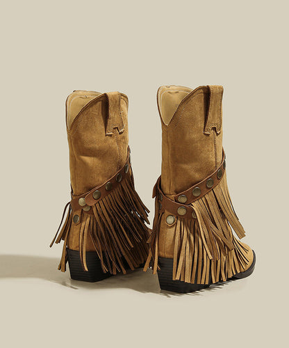 Brown Boots Chunky Suede Comfy Splicing Tassel Pointed Toe