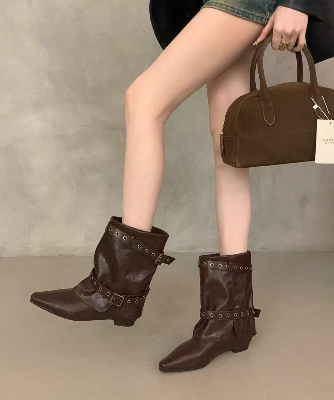 Brown Boots Wedge Faux Leather Unique Pointed Toe Boots