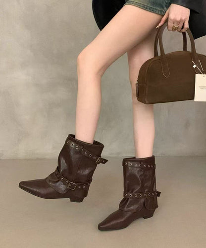 Brown Boots Wedge Faux Leather Unique Pointed Toe Boots