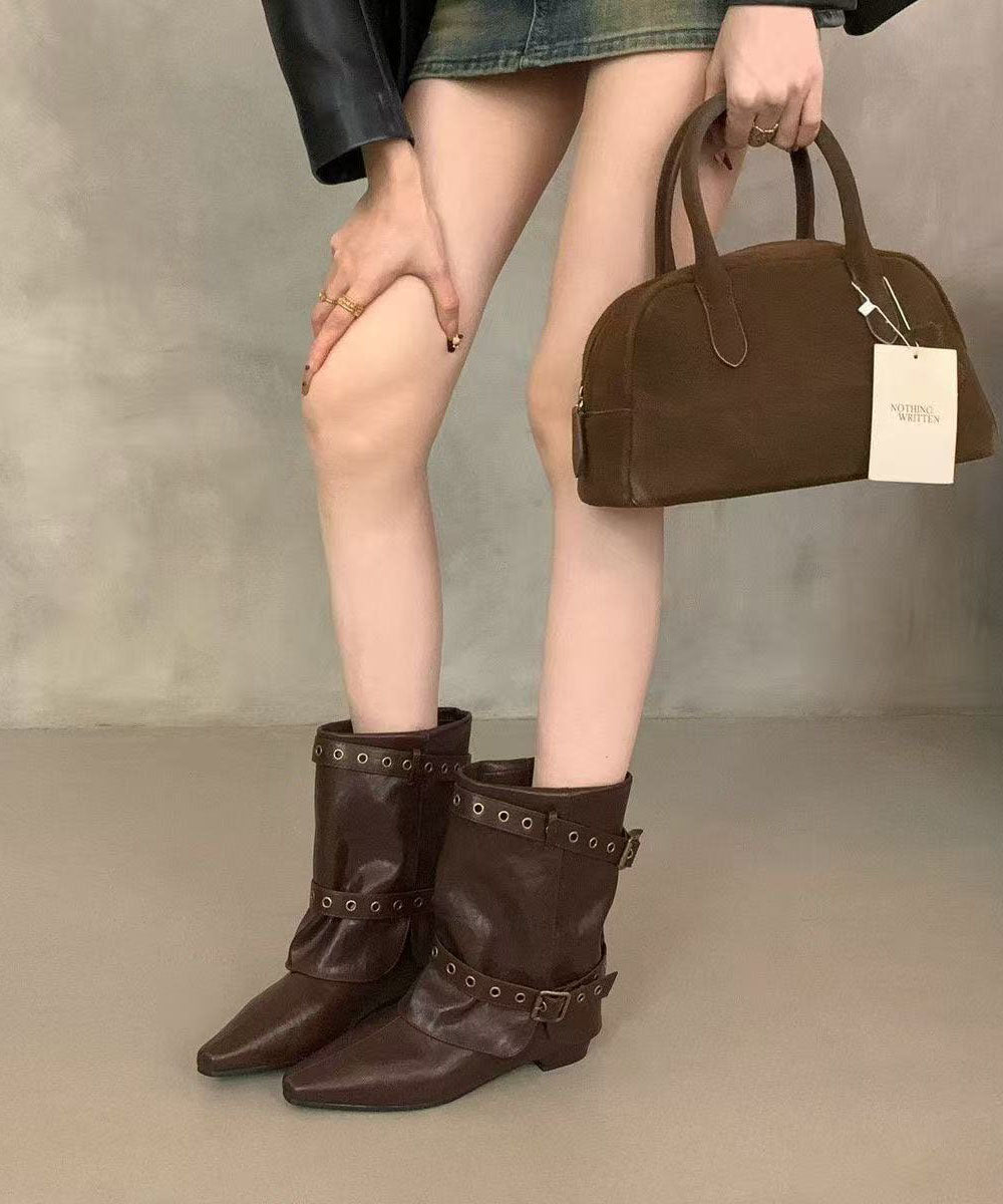 Brown Boots Wedge Faux Leather Unique Pointed Toe Boots