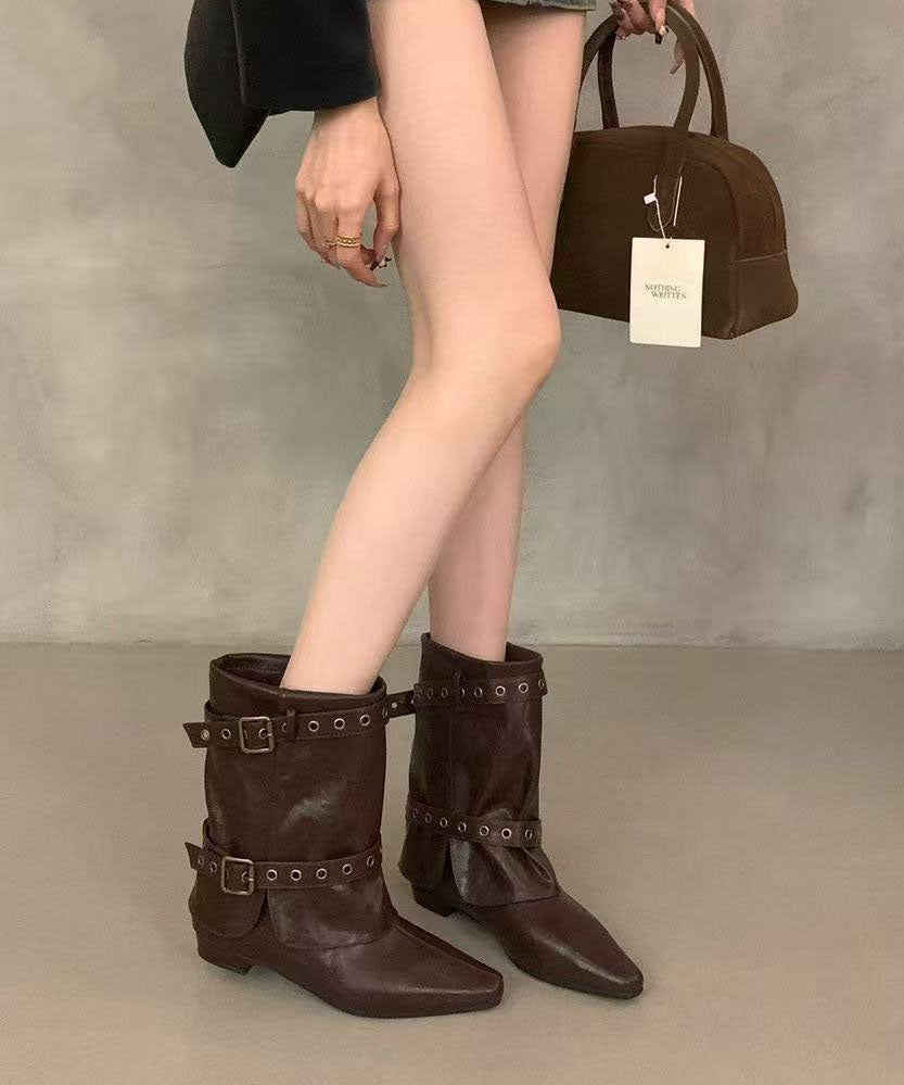 Brown Boots Wedge Faux Leather Unique Pointed Toe Boots