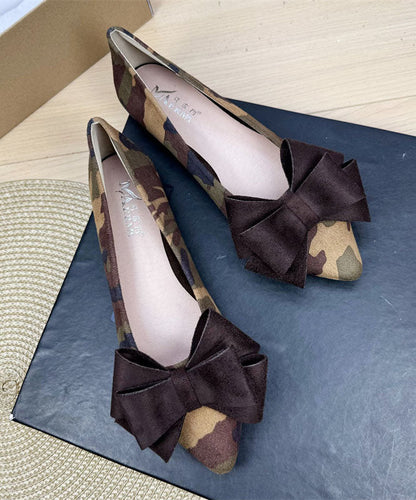 Brown Camouflage Suede Women Bow Splicing Flat Shoes Pointed Toe