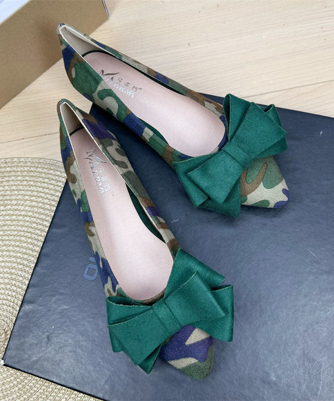Brown Camouflage Suede Women Bow Splicing Flat Shoes Pointed Toe