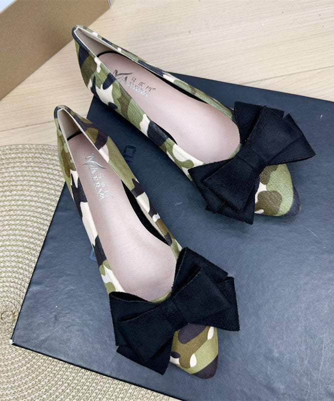 Brown Camouflage Suede Women Bow Splicing Flat Shoes Pointed Toe