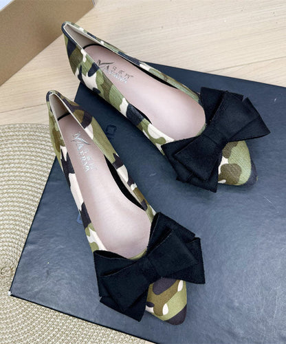 Brown Camouflage Suede Women Bow Splicing Flat Shoes Pointed Toe