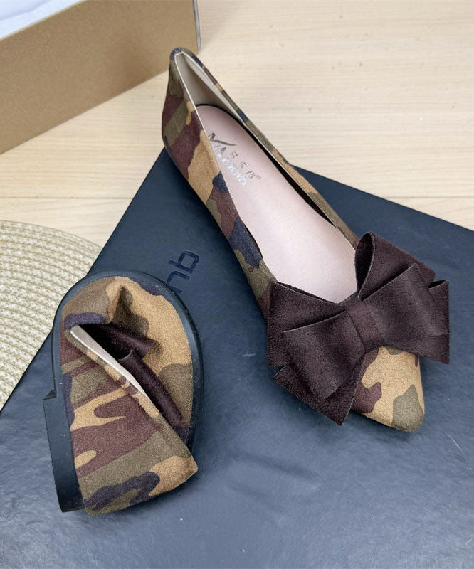 Brown Camouflage Suede Women Bow Splicing Flat Shoes Pointed Toe