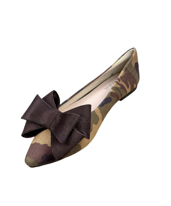 Brown Camouflage Suede Women Bow Splicing Flat Shoes Pointed Toe