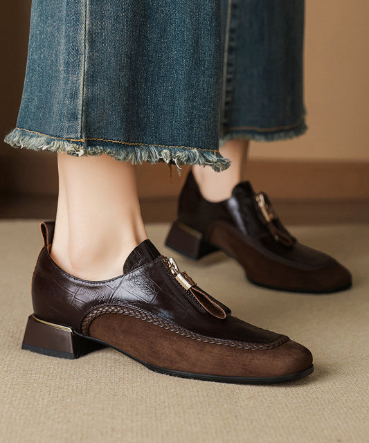 Brown Chunky Cowhide Leather Retro Splicing Loafers For Women