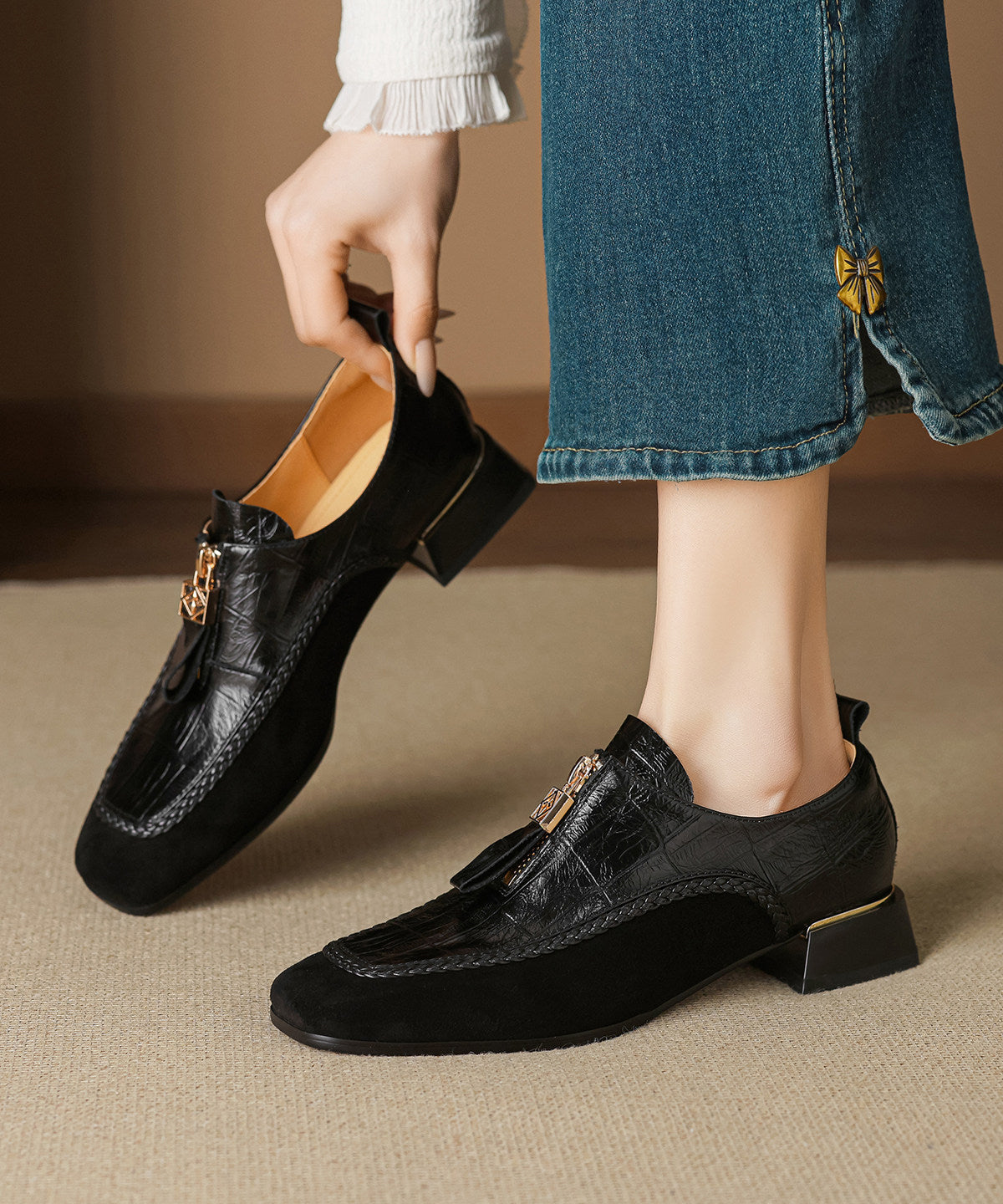Brown Chunky Cowhide Leather Retro Splicing Loafers For Women