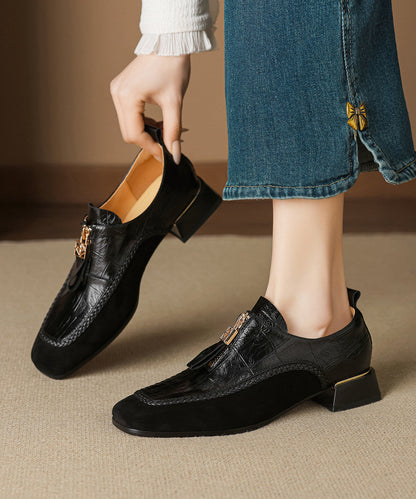 Brown Chunky Cowhide Leather Retro Splicing Loafers For Women