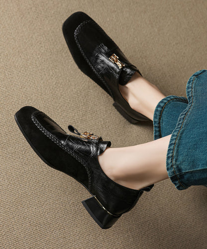 Brown Chunky Cowhide Leather Retro Splicing Loafers For Women
