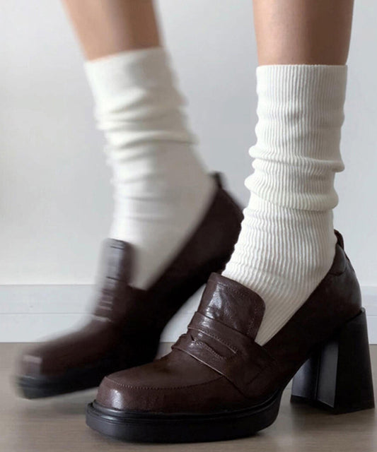 Brown Chunky Cowhide Leather Stylish Splicing Loafer Shoes