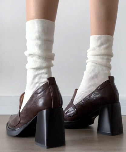 Brown Chunky Cowhide Leather Stylish Splicing Loafer Shoes