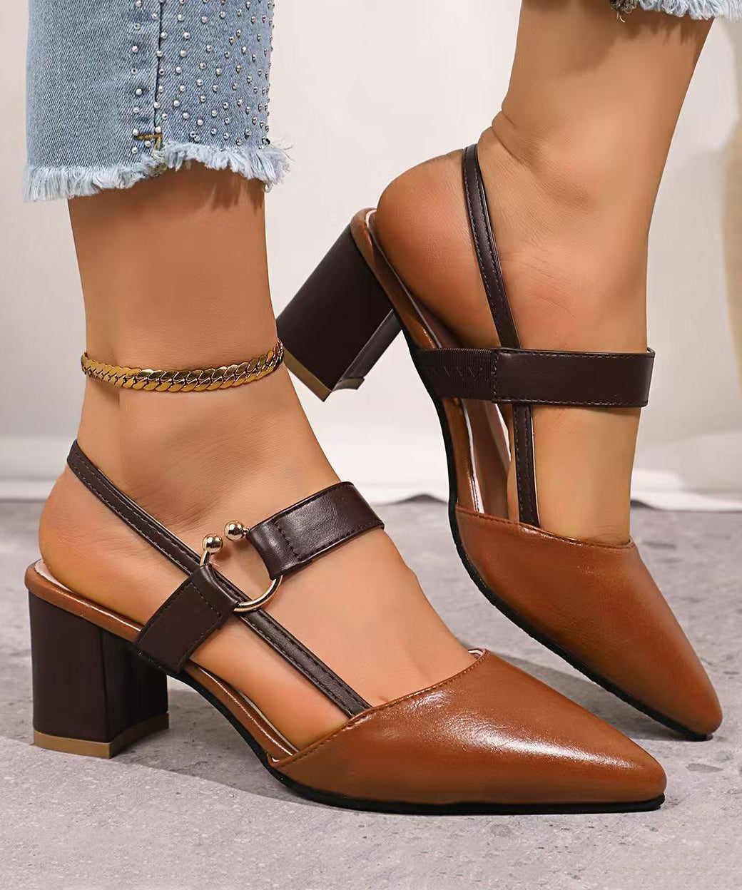 Brown Chunky Heel Faux Leather Elegant Splicing Sandals Pointed Toe