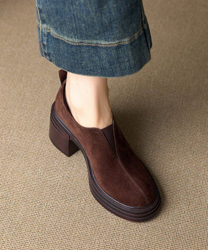 Brown Chunky Heel Suede Women Splicing Loafer Shoes