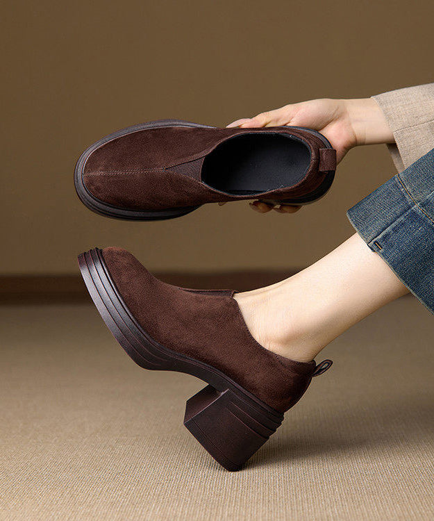 Brown Chunky Heel Suede Women Splicing Loafer Shoes