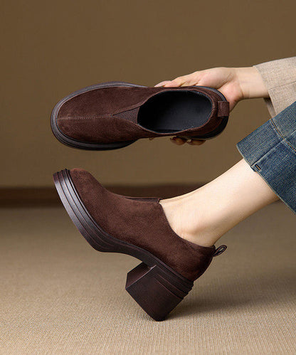 Brown Chunky Heel Suede Women Splicing Loafer Shoes