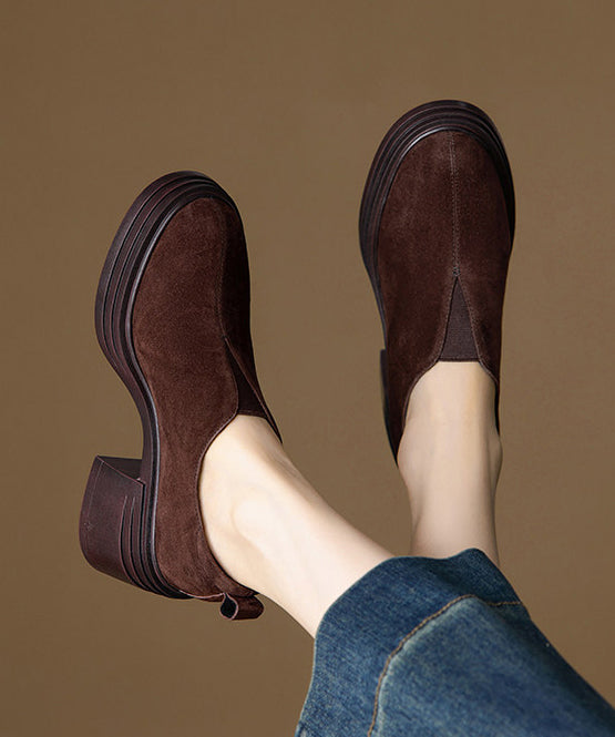Brown Chunky Heel Suede Women Splicing Loafer Shoes