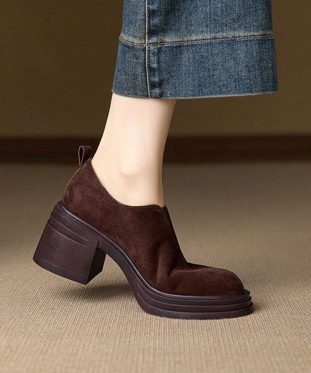 Brown Chunky Heel Suede Women Splicing Loafer Shoes