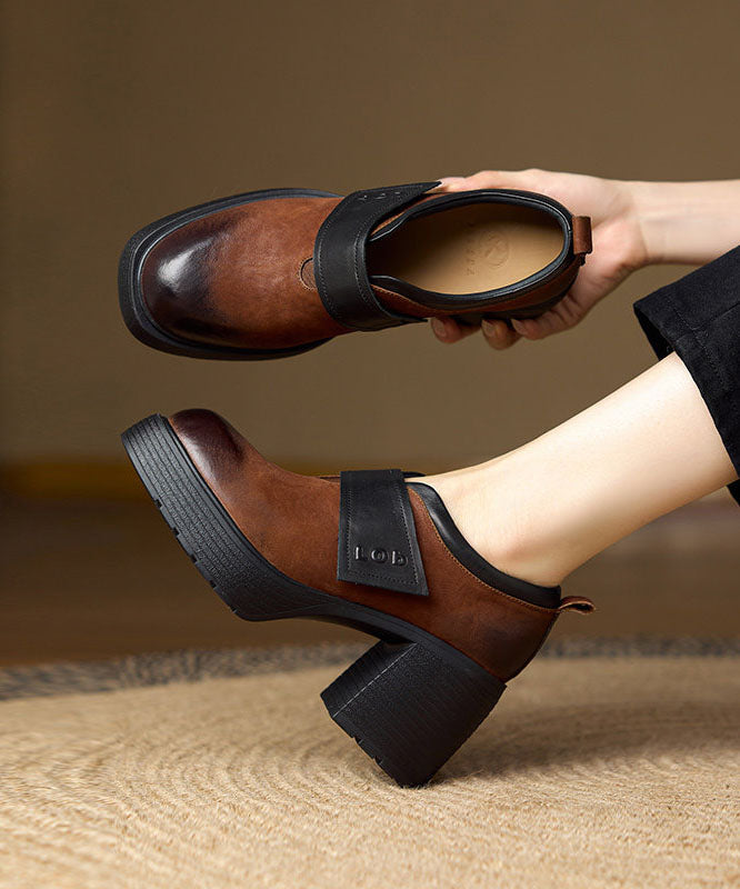 Brown Chunky High Heels Cowhide Leather Elegant Splicing