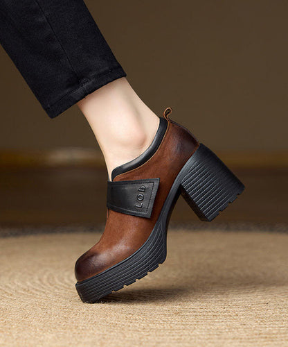 Brown Chunky High Heels Cowhide Leather Elegant Splicing