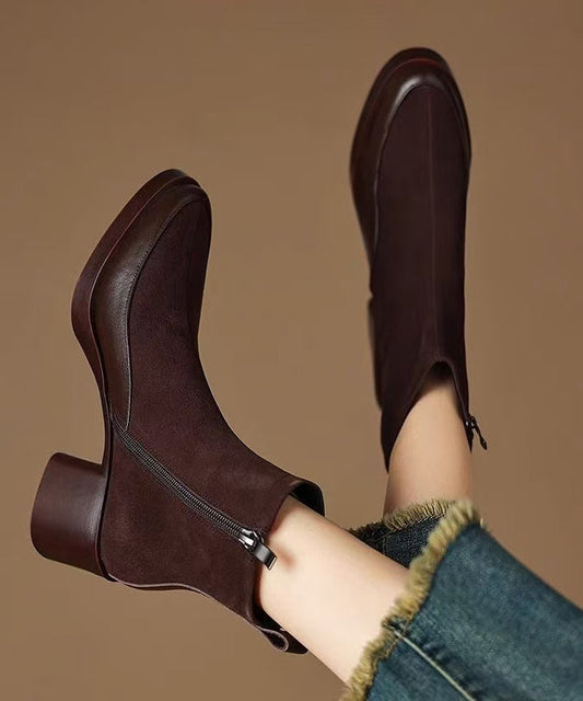 Brown Chunky Suede Art Splicing Ankle Boots