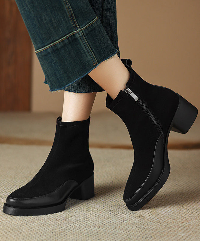 Brown Chunky Suede Art Splicing Ankle Boots