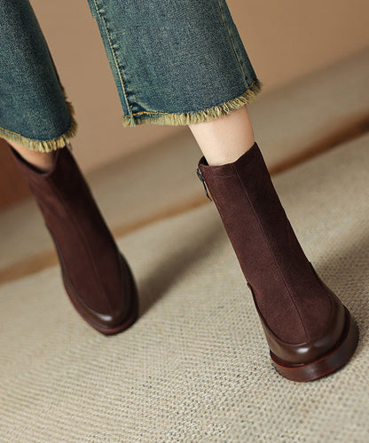 Brown Chunky Suede Art Splicing Ankle Boots