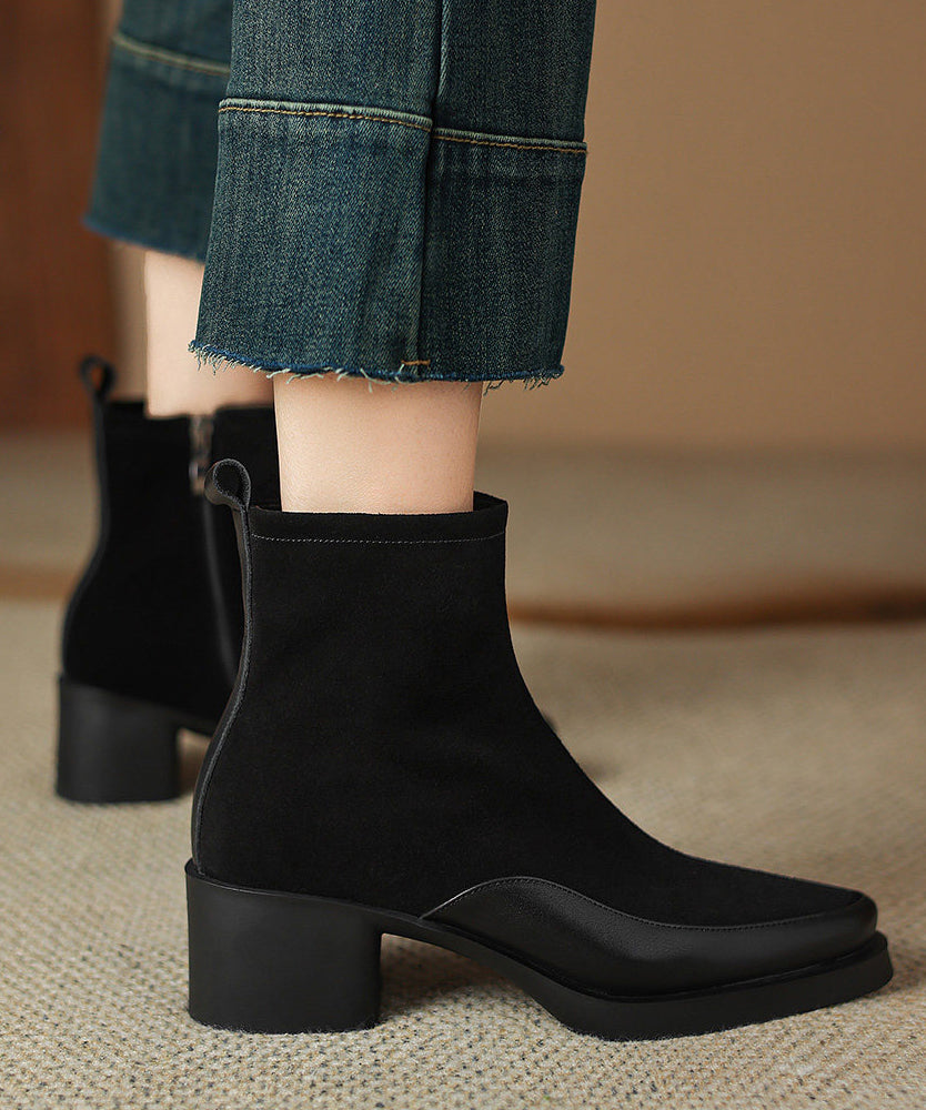 Brown Chunky Suede Art Splicing Ankle Boots