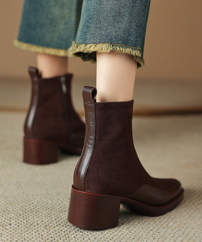 Brown Chunky Suede Art Splicing Ankle Boots