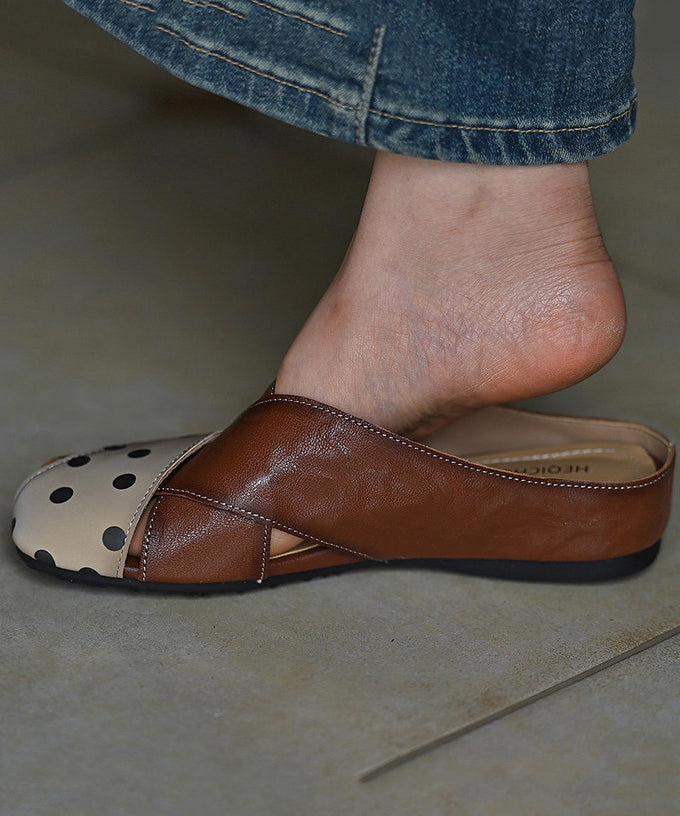Brown Cowhide Leather Casual Hollow Out Thong Sandals