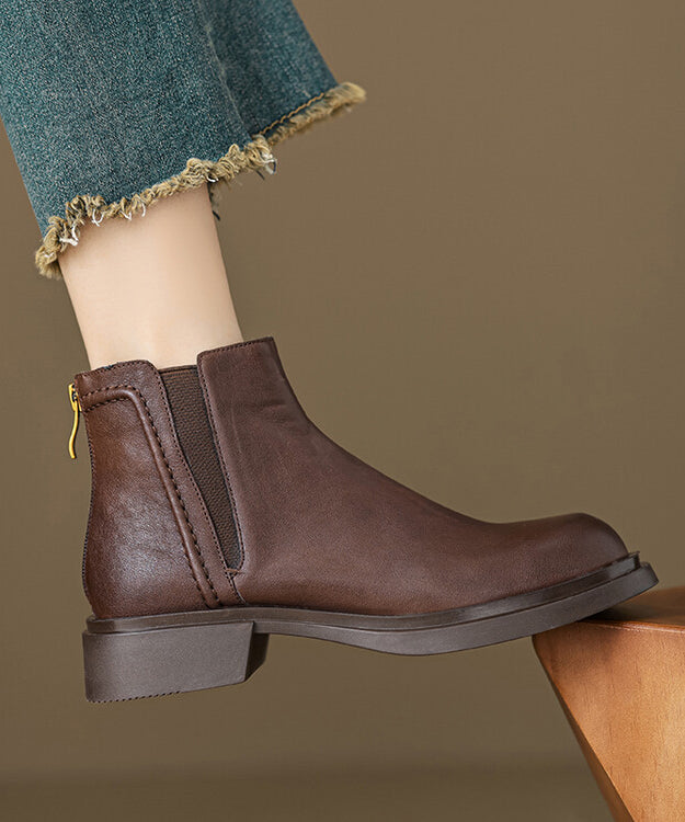 Brown Cowhide Leather Classy Zippered Splicing Boots