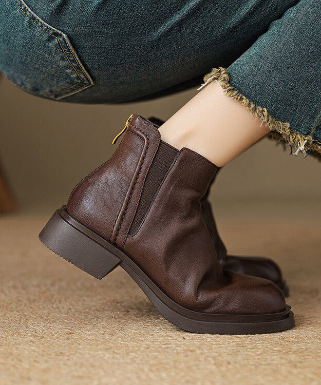 Brown Cowhide Leather Classy Zippered Splicing Boots
