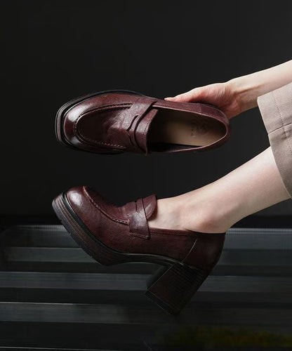 Brown Cowhide Leather Stylish Splicing Chunky Heel Loafers