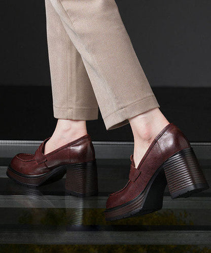 Brown Cowhide Leather Stylish Splicing Chunky Heel Loafers