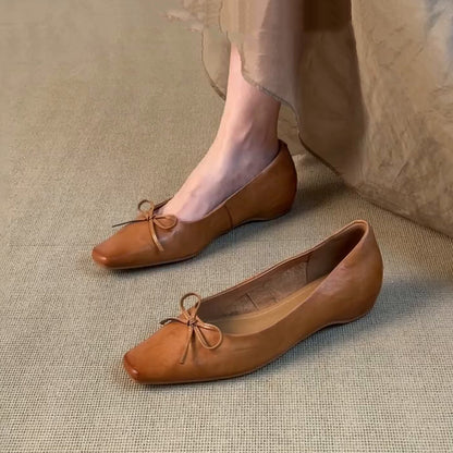 Brown Cowhide Leather Wedge Heels Shoes Splicing Bow