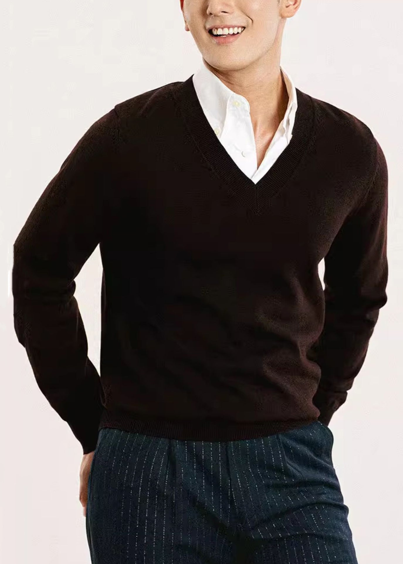 Brown Cozy Knit Men Sweater Tops V Neck