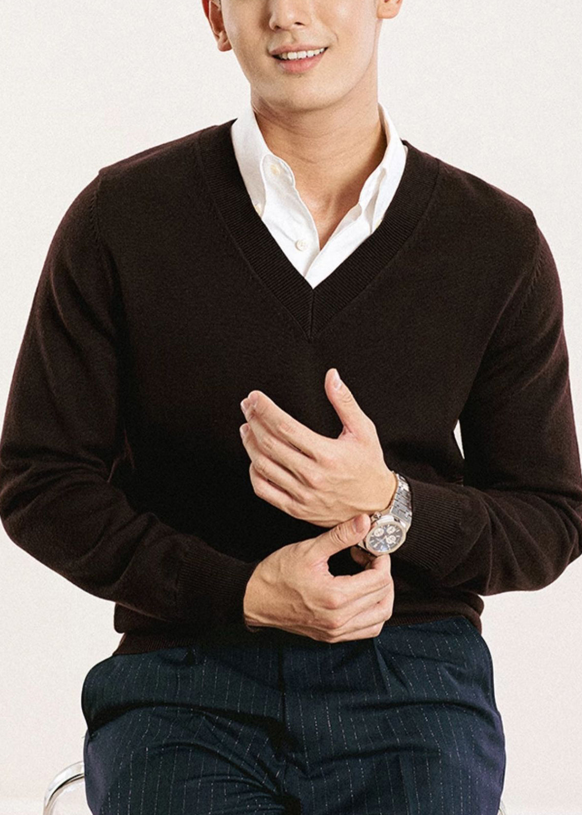 Brown Cozy Knit Men Sweater Tops V Neck