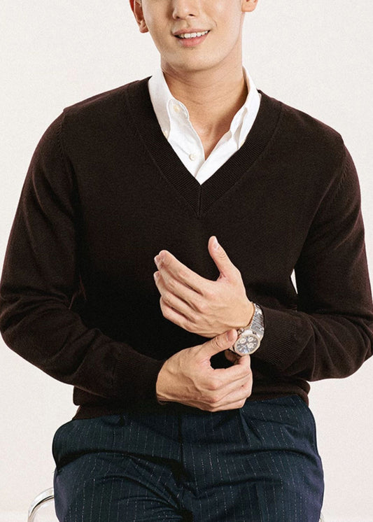 Brown Cozy Knit Men Sweater Tops V Neck