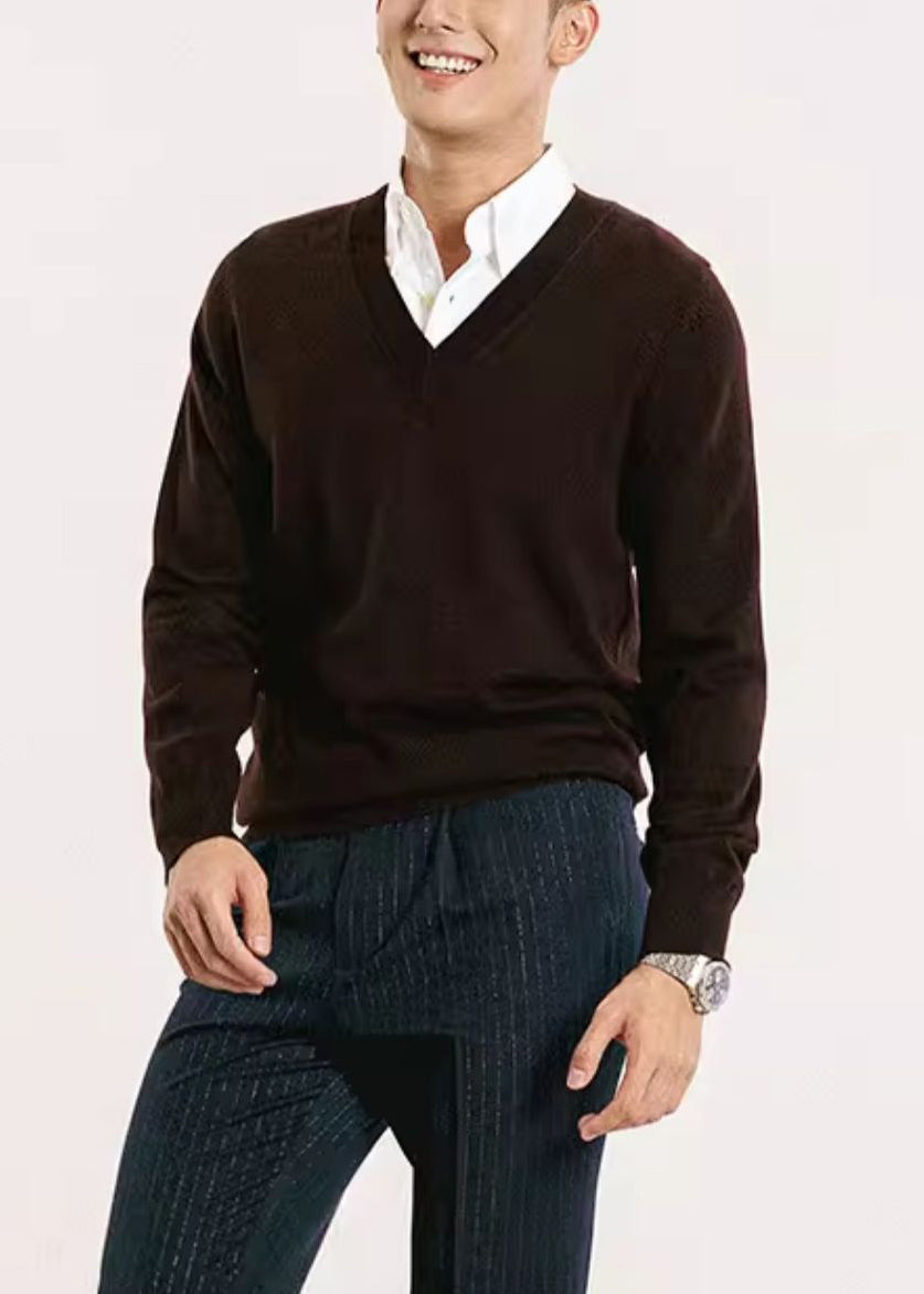 Brown Cozy Knit Men Sweater Tops V Neck